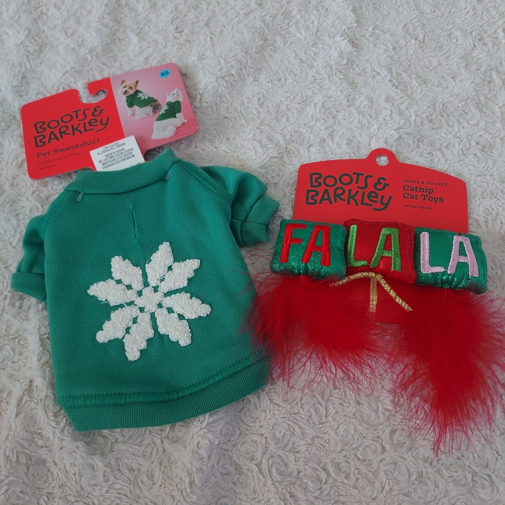 Boots & Barkley XS Green Kitty Cat Sweatshirt & Catnip Toys Bundle Dress Up Play